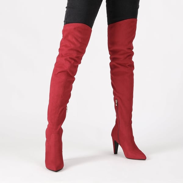 Thigh High Heeled Boots - RED SUEDE - 2